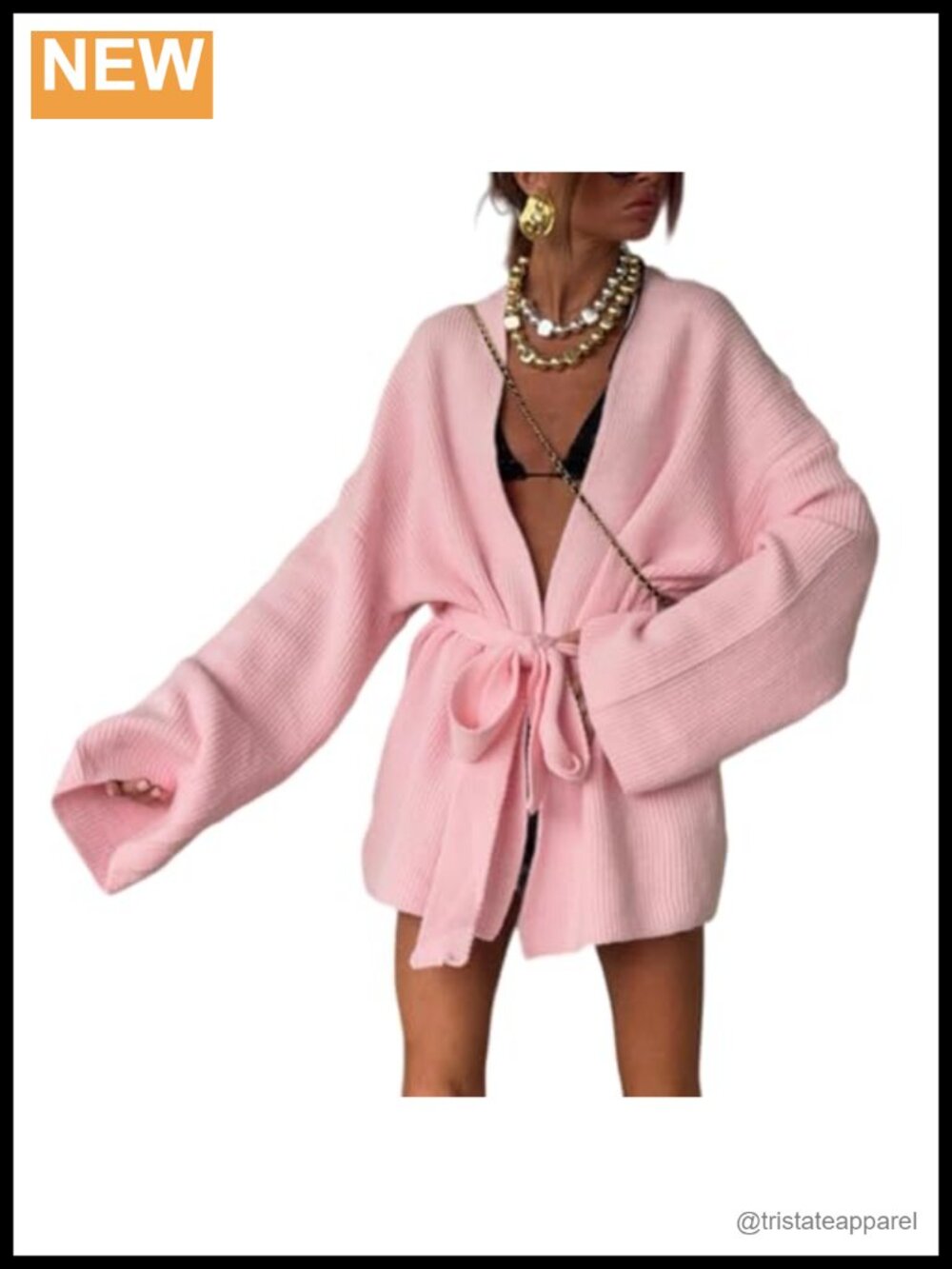 Women's V-Neck Tie Front Open Cardigan with Bell Sleeves, Cozy Knit Layer